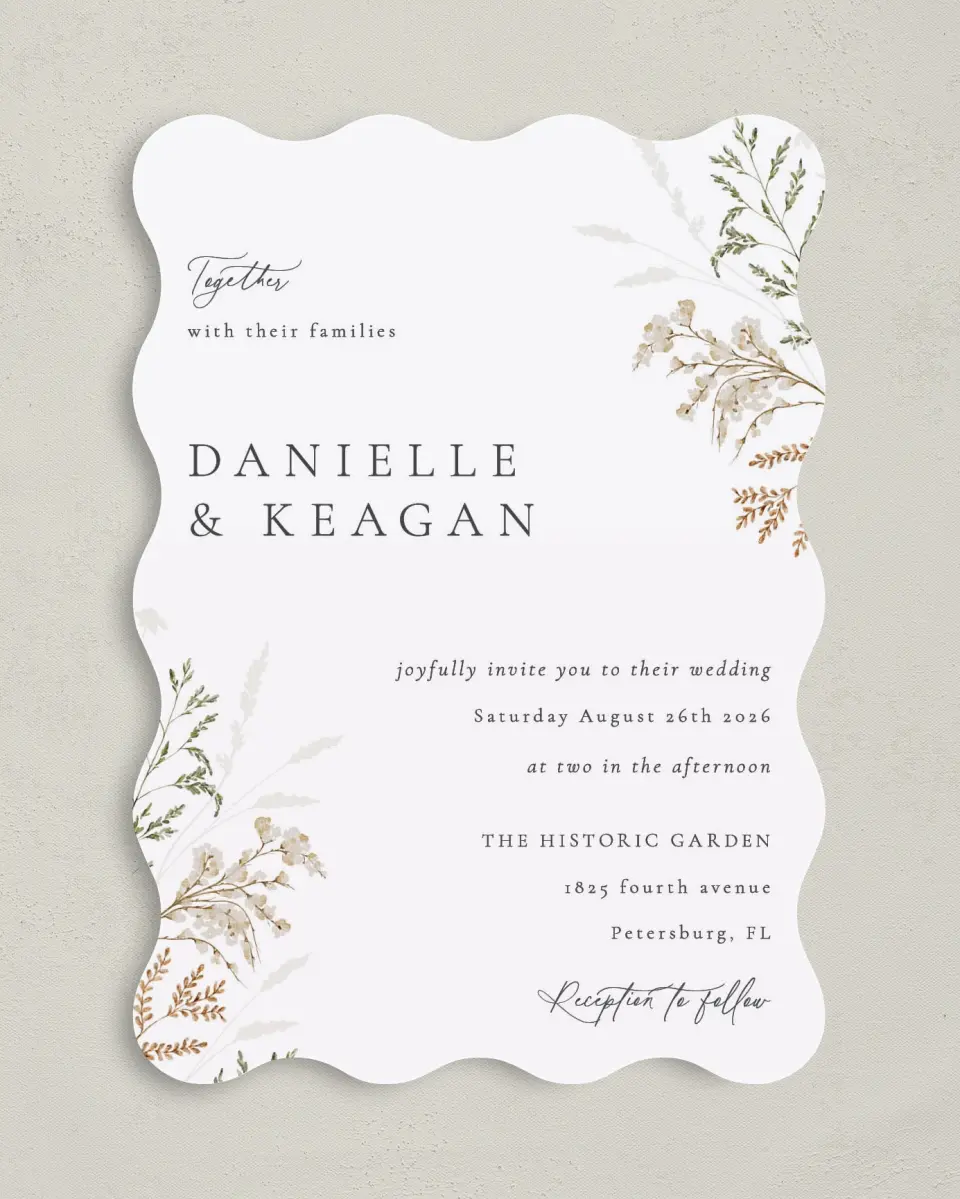This is a 5" x 7" Wavy Wedding Invitation called Wild Devotion printed in full color on Premium Smooth paper