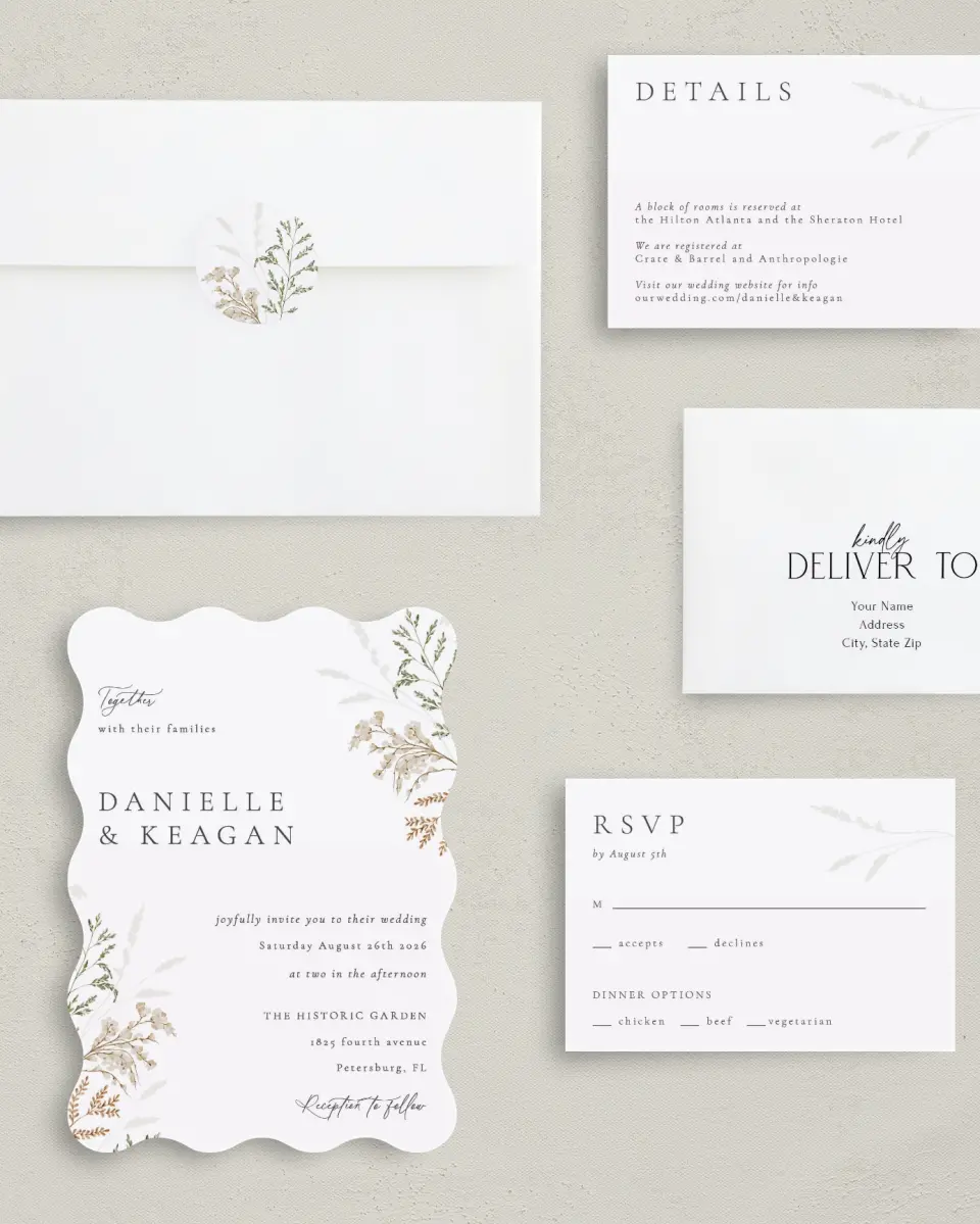 This is a 5" x 7" Wavy Wedding Invitation called Wild Devotion printed in full color with Silver foil on Luxe Satin (coated) paper