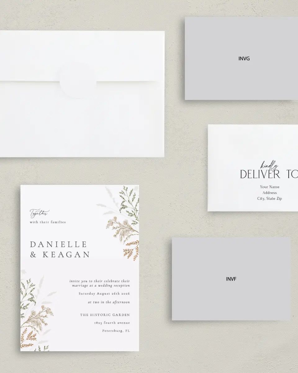 This is a 5" x 7" Reception-Only - CP called Wild Devotion printed in full color with Silver foil on Luxe Satin (coated) paper