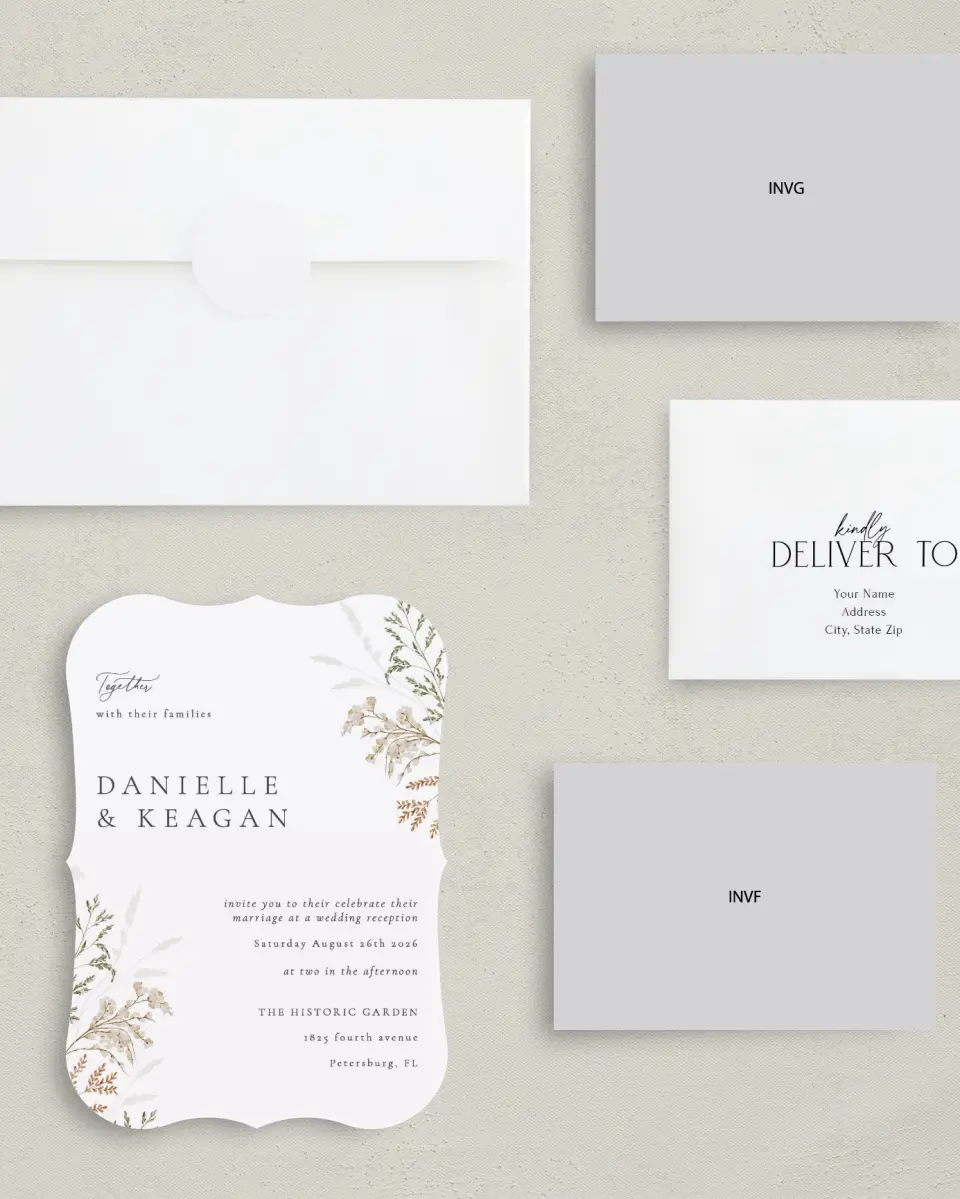 This is a 5" x 7" Reception-Only - CP called Wild Devotion printed in full color with Silver foil on Luxe Satin (coated) paper