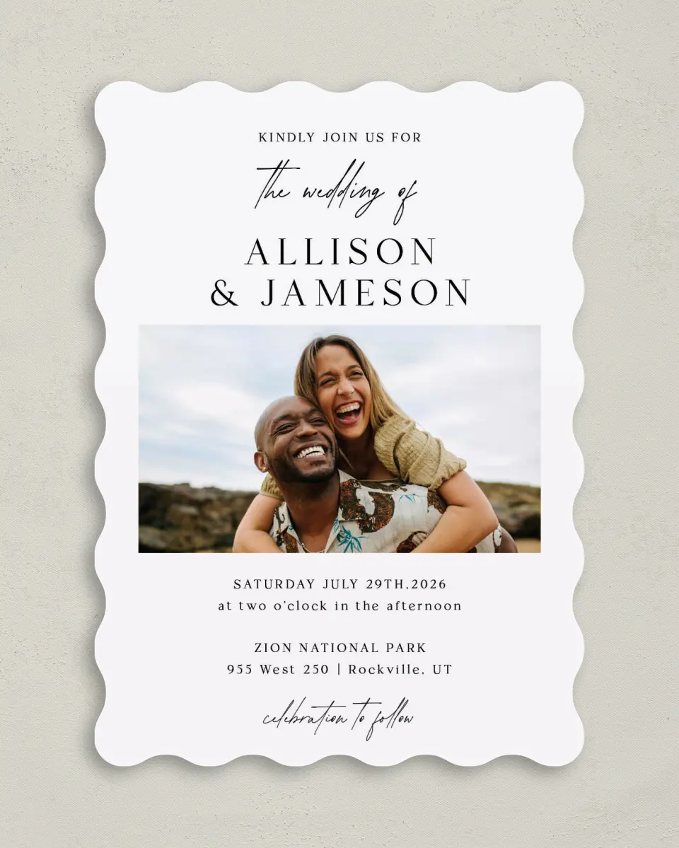 This is a 5" x 7" Wavy Wedding Invitation called Simple Signature printed in full color on Premium Smooth paper