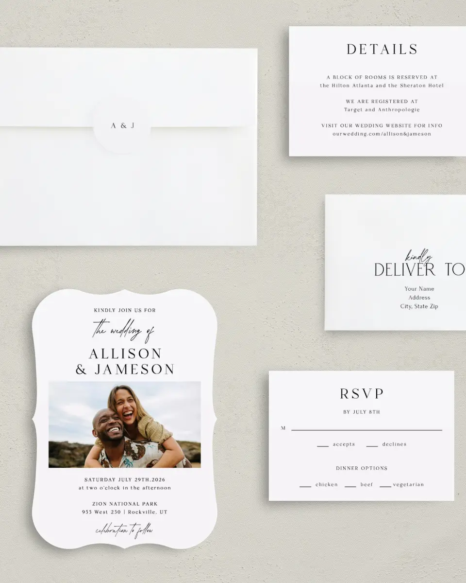 This is a 5" x 7" Bracket Wedding Invitation called Simple Signature printed in full color with Silver foil on Luxe Satin (coated) paper
