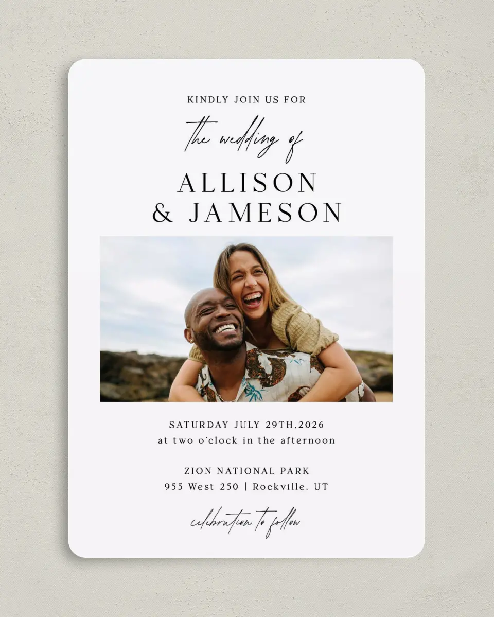 This is a 5" x 7" Rounded Wedding Invitation called Simple Signature printed in full color on Premium Smooth paper