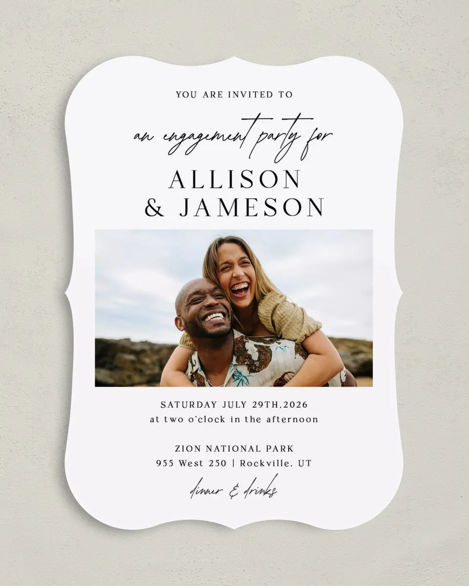 This is a 5" x 7" Engagement Party Invitation called Simple Signature printed in full color on Premium Smooth paper