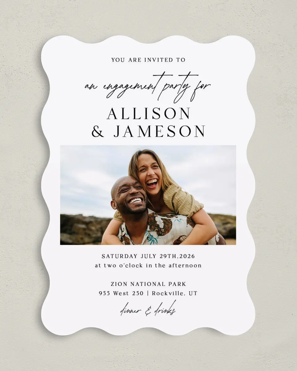 This is a 5" x 7" Wavy Wedding Invitation called Simple Signature printed in full color on Premium Smooth paper