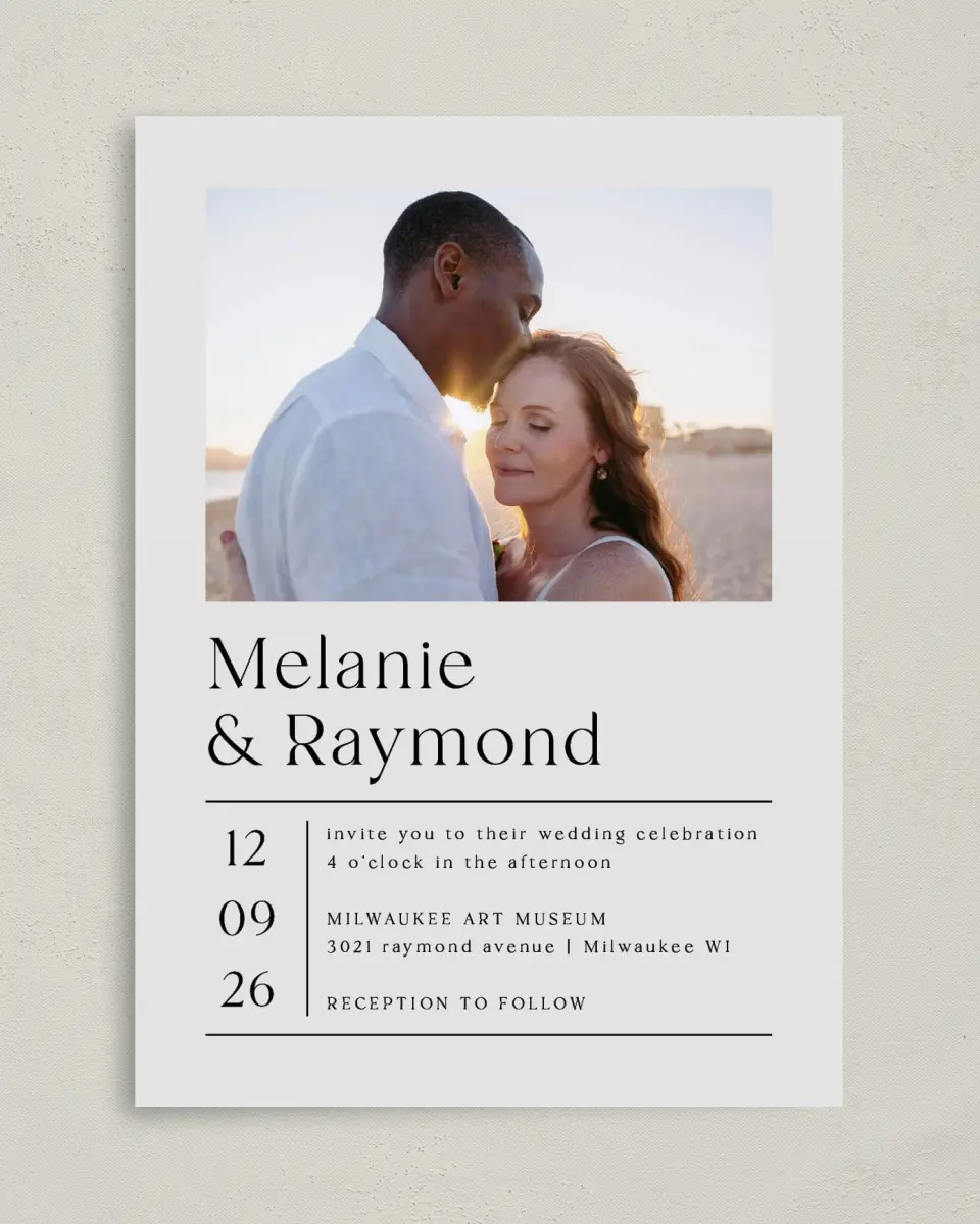 This is a 5" x 7" Classic Wedding Invitation called Styled Lines printed in full color with Gold foil on Luxe Satin (coated) paper