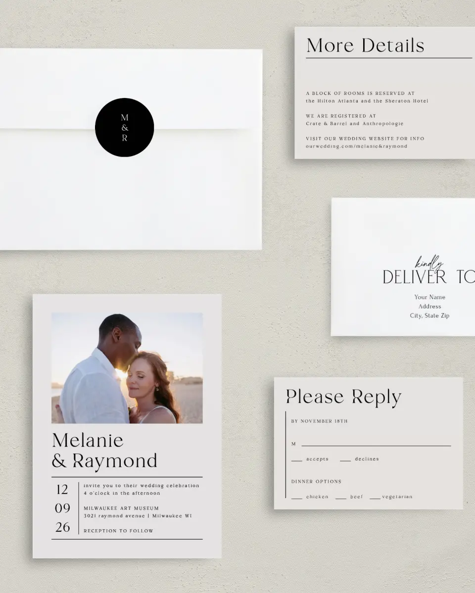 This is a 5" x 7" Classic Wedding Invitation called Styled Lines printed in full color with Gold foil on Luxe Satin (coated) paper