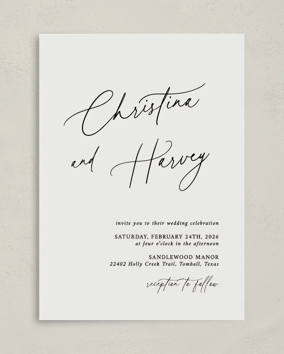 This is a 5" x 7" Classic Wedding Invitation called The Christina printed in full color on Premium Smooth paper
