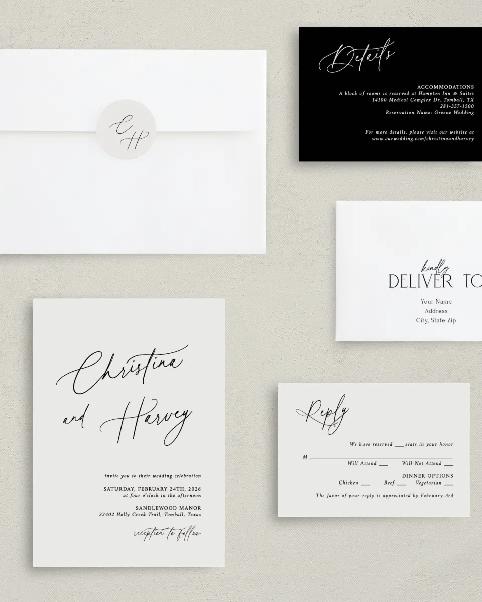 This is a 5" x 7" Classic Wedding Invitation called The Christina printed in full color with Gold foil on Luxe Satin (coated) paper
