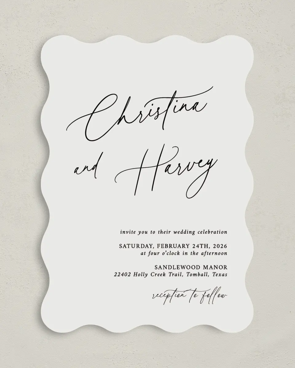 This is a 5" x 7" Wavy Wedding Invitation called The Christina printed in full color with Silver foil on Luxe Satin (coated) paper