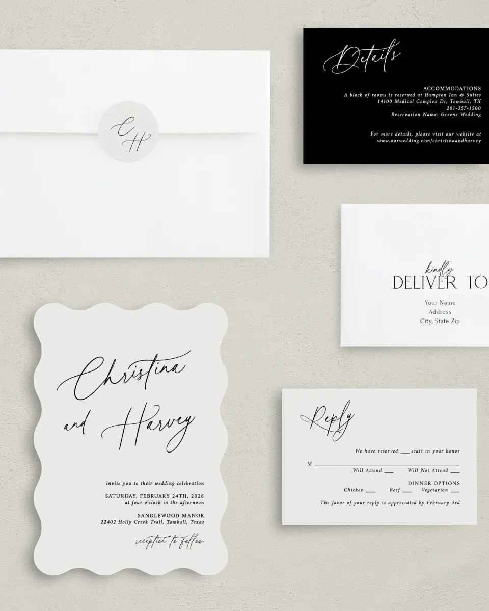 This is a 5" x 7" Wavy Wedding Invitation called The Christina printed in full color with Silver foil on Luxe Satin (coated) paper