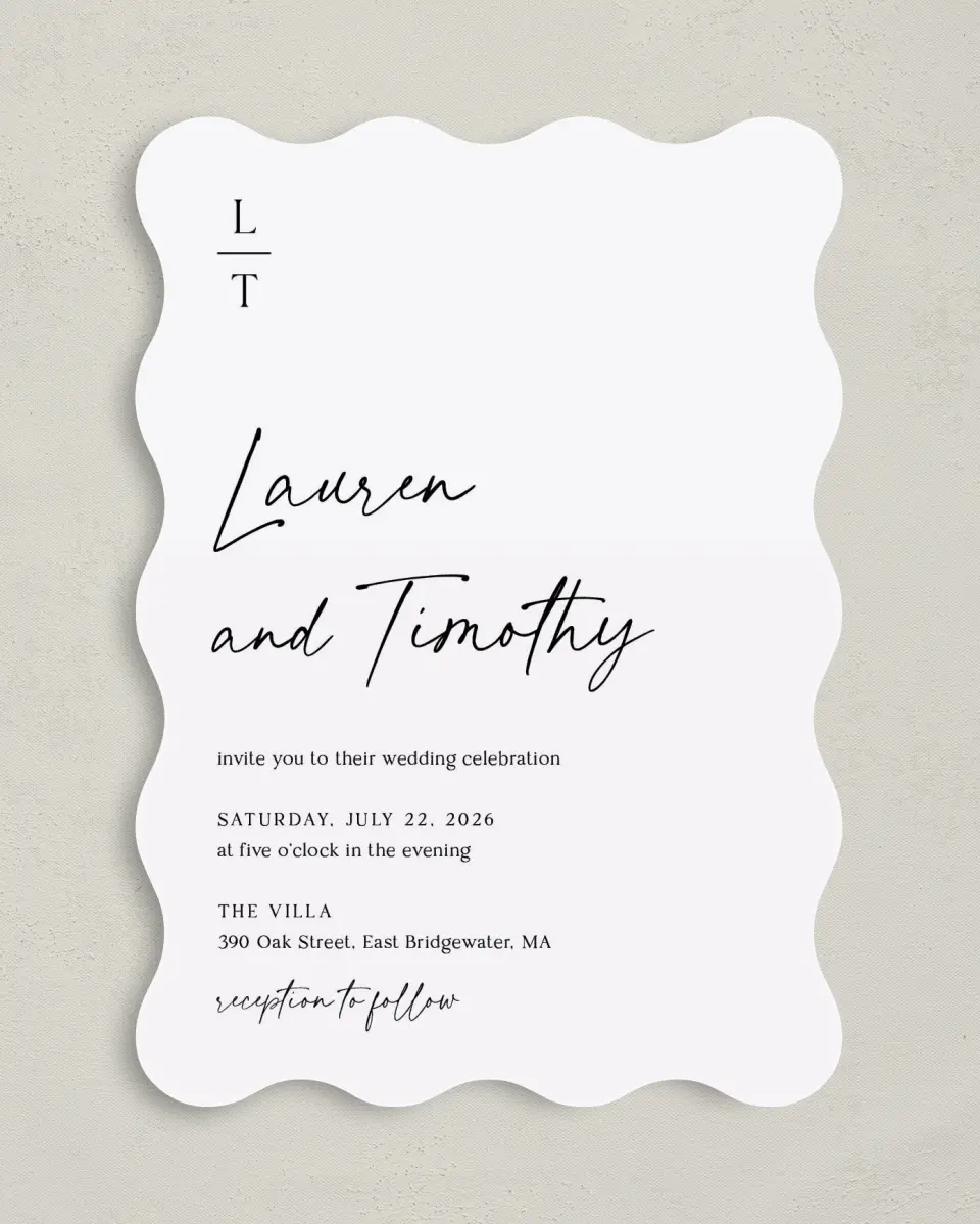 This is a 5" x 7" Wavy Wedding Invitation called The Lauren printed in full color on Premium Smooth paper