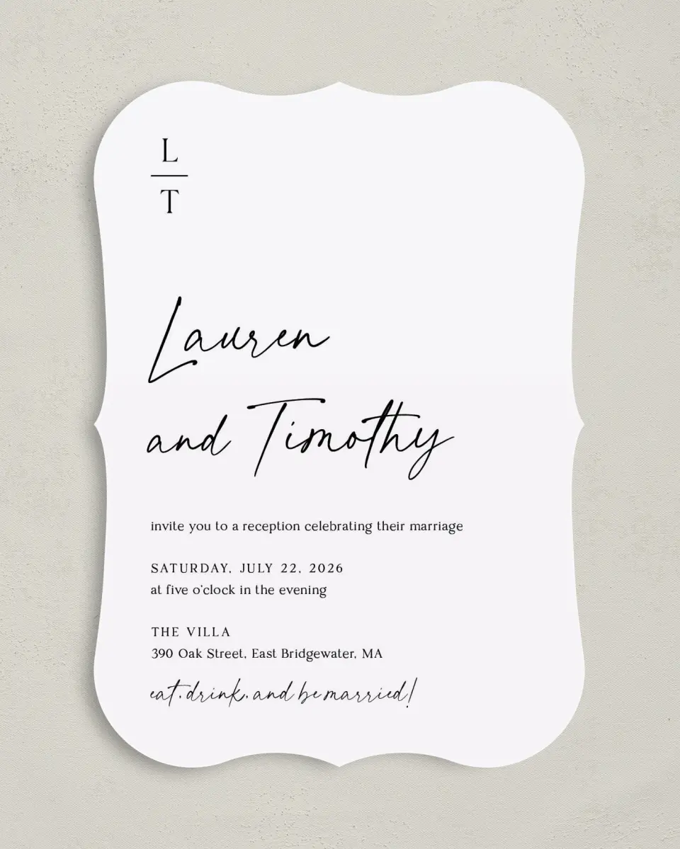 This is a 5" x 7" Reception-Only - CP called The Lauren printed in full color with Silver foil on Luxe Satin (coated) paper