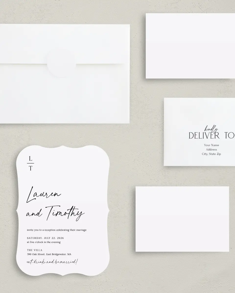 This is a 5" x 7" Reception-Only - CP called The Lauren printed in full color with Silver foil on Luxe Satin (coated) paper