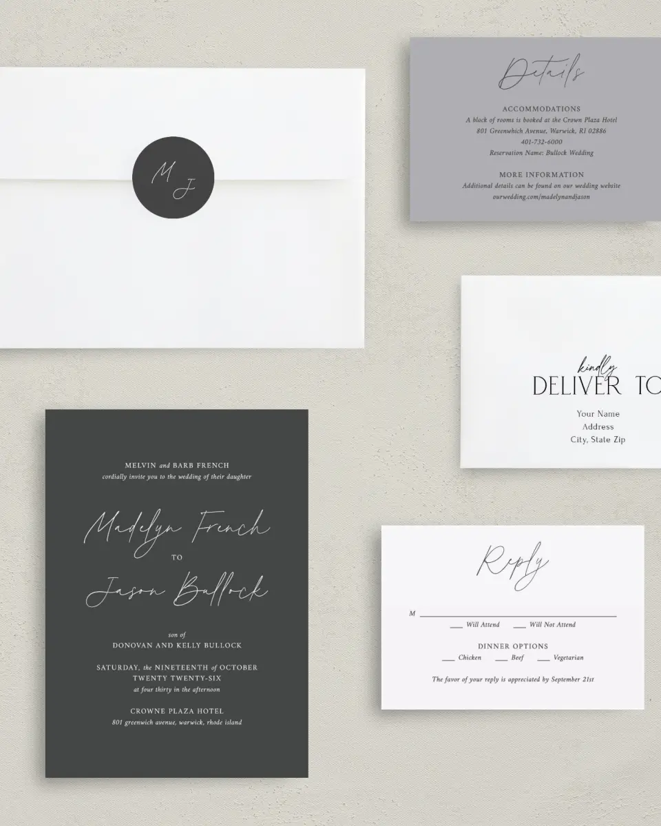 This is a 5" x 7" Classic Wedding Invitation called The Madelyn printed in full color with Gold foil on Luxe Satin (coated) paper