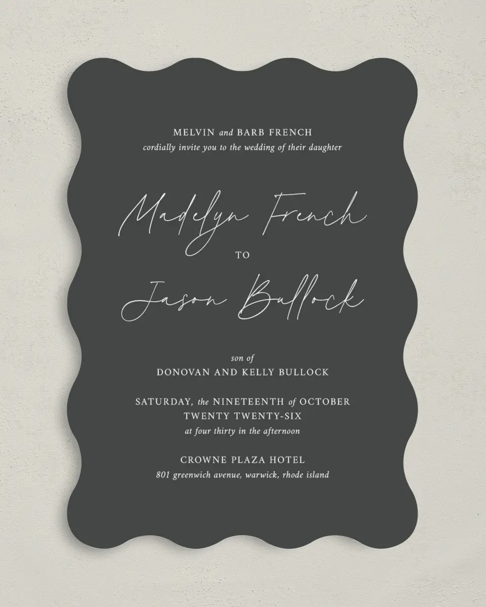 This is a 5" x 7" Wavy Wedding Invitation called The Madelyn printed in full color on Premium Smooth paper