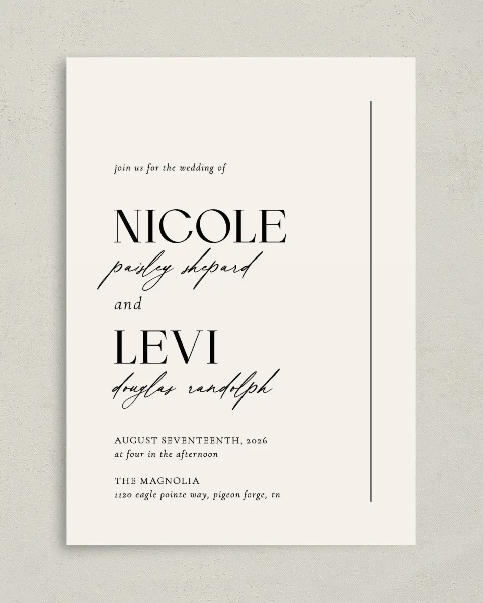 This is a 5" x 7" Classic Wedding Invitation called The Nicole printed in full color on Premium Smooth paper