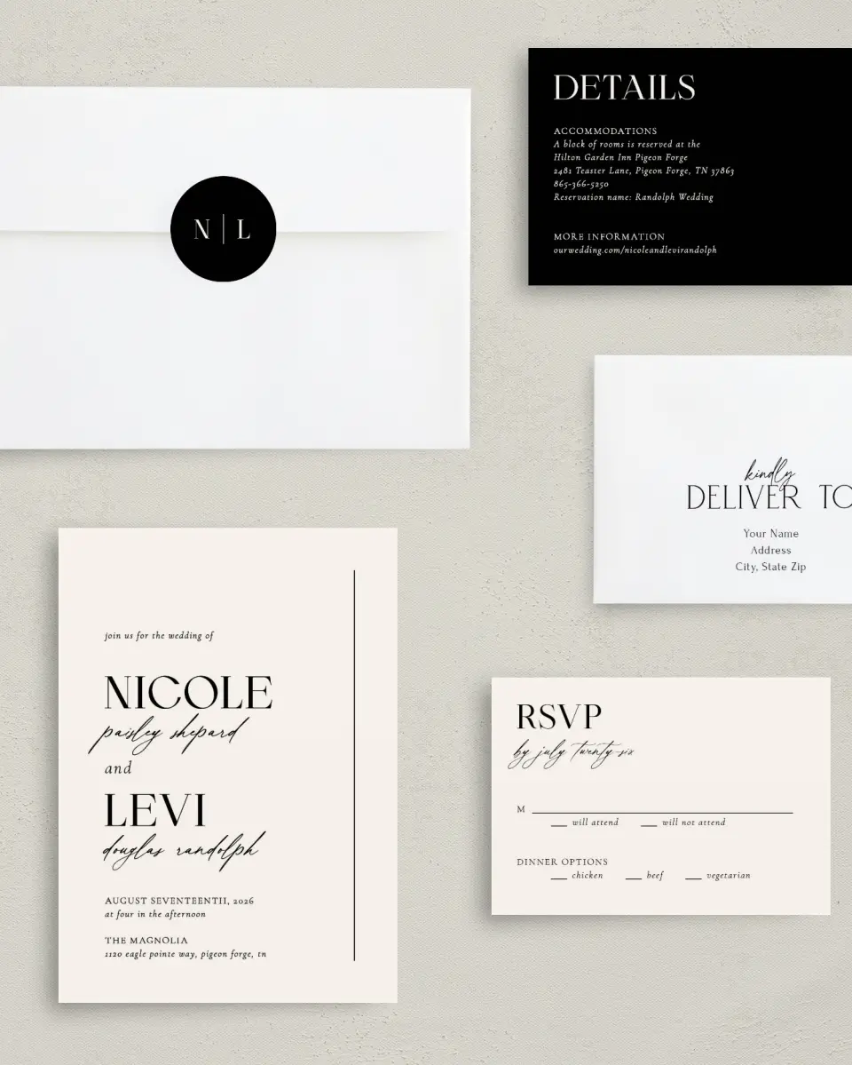 This is a 5" x 7" Classic Wedding Invitation called The Nicole printed in full color with Rose Gold foil on Luxe Satin (coated) paper
