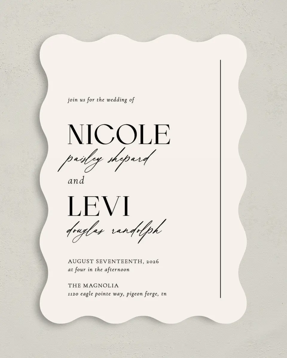 This is a 5" x 7" Wavy Wedding Invitation called The Nicole printed in full color on Premium Smooth paper