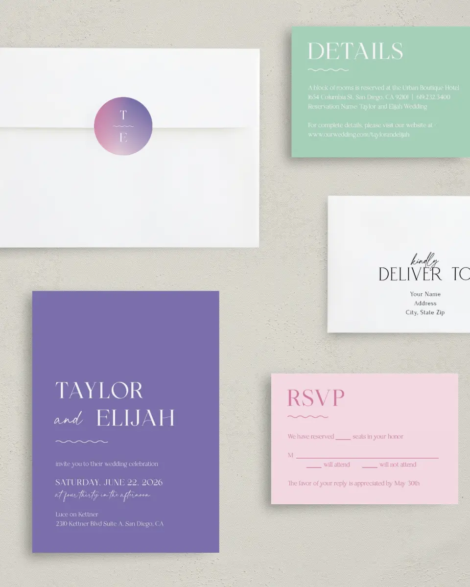 This is a 5" x 7" Classic Wedding Invitation called The Taylor printed in full color with Rose Gold foil on Luxe Satin (coated) paper
