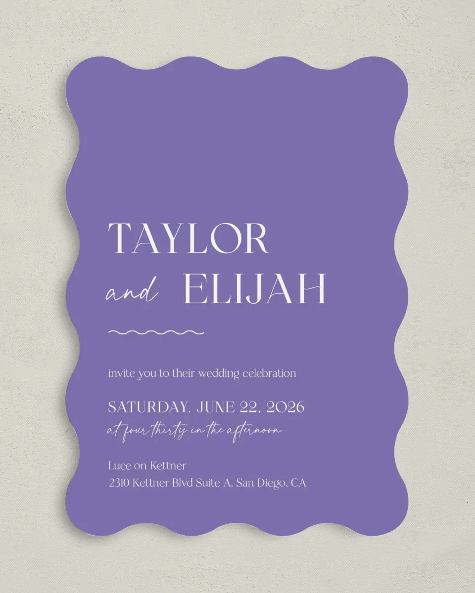 This is a 5" x 7" Wavy Wedding Invitation called The Taylor printed in full color on Premium Smooth paper