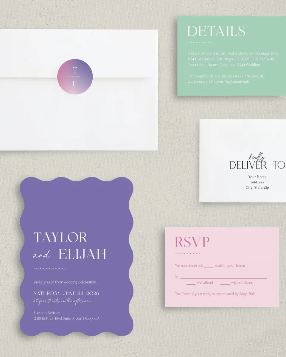 This is a 5" x 7" Wavy Wedding Invitation called The Taylor printed in full color with Gold foil on Luxe Satin (coated) paper