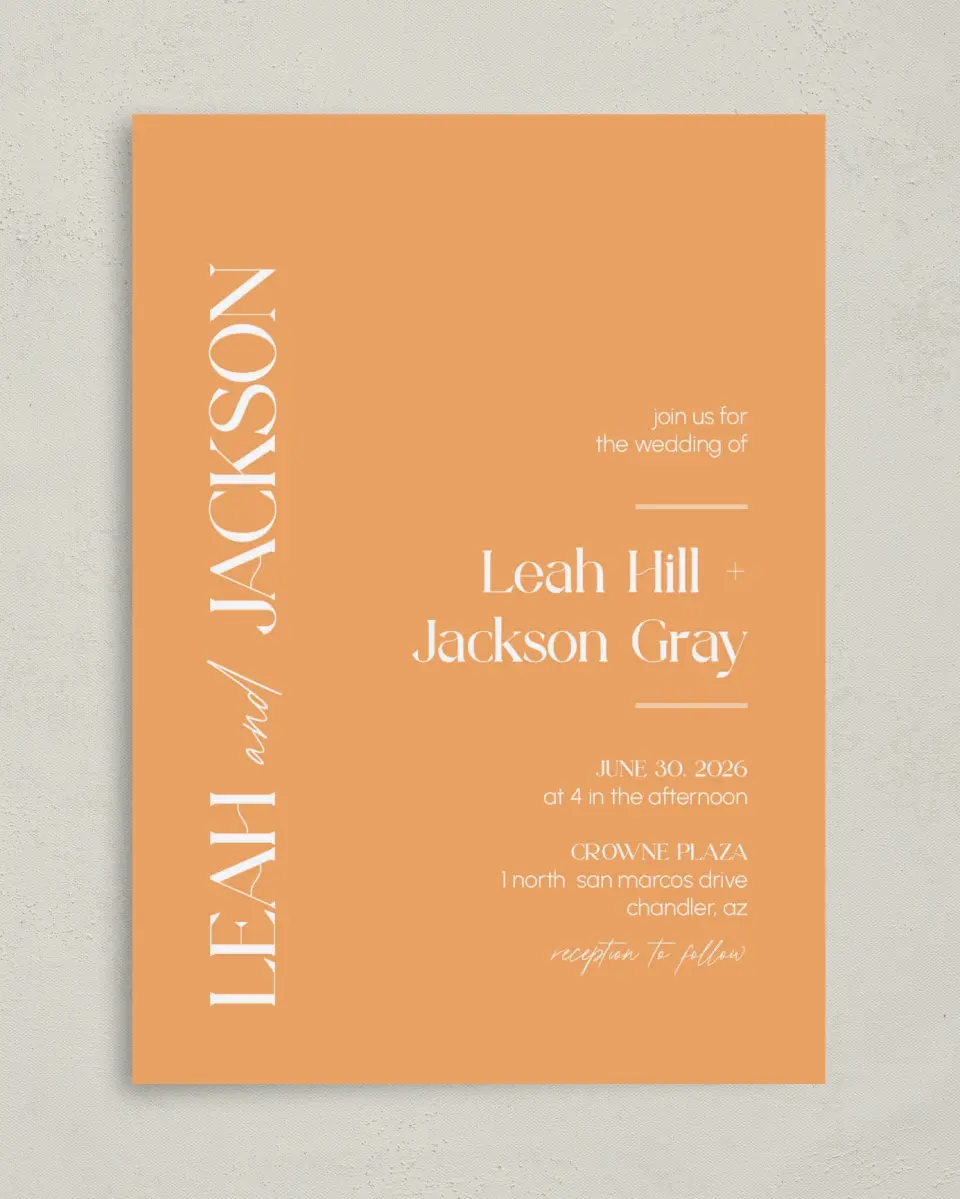 This is a 5" x 7" Classic Wedding Invitation called The Leah printed in full color on Premium Smooth paper