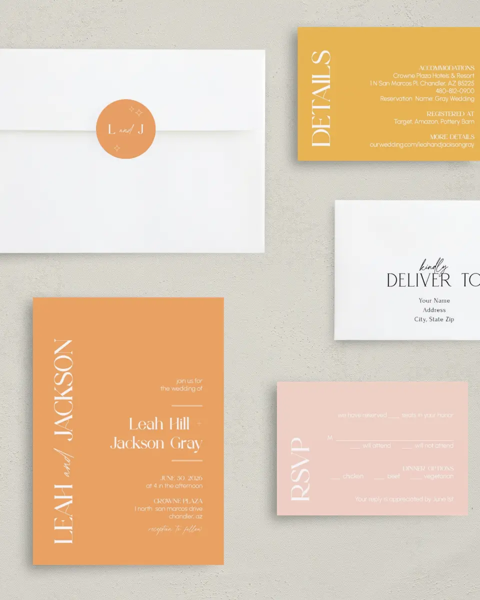 This is a 5" x 7" Classic Wedding Invitation called The Leah printed in full color with Gold foil on Luxe Satin (coated) paper