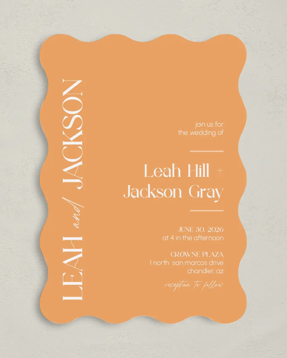 This is a 5" x 7" Wavy Wedding Invitation called The Leah printed in full color on Premium Smooth paper