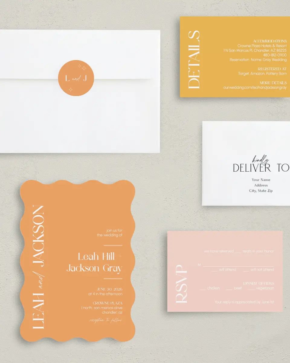This is a 5" x 7" Wavy Wedding Invitation called The Leah printed in full color with Gold foil on Luxe Satin (coated) paper