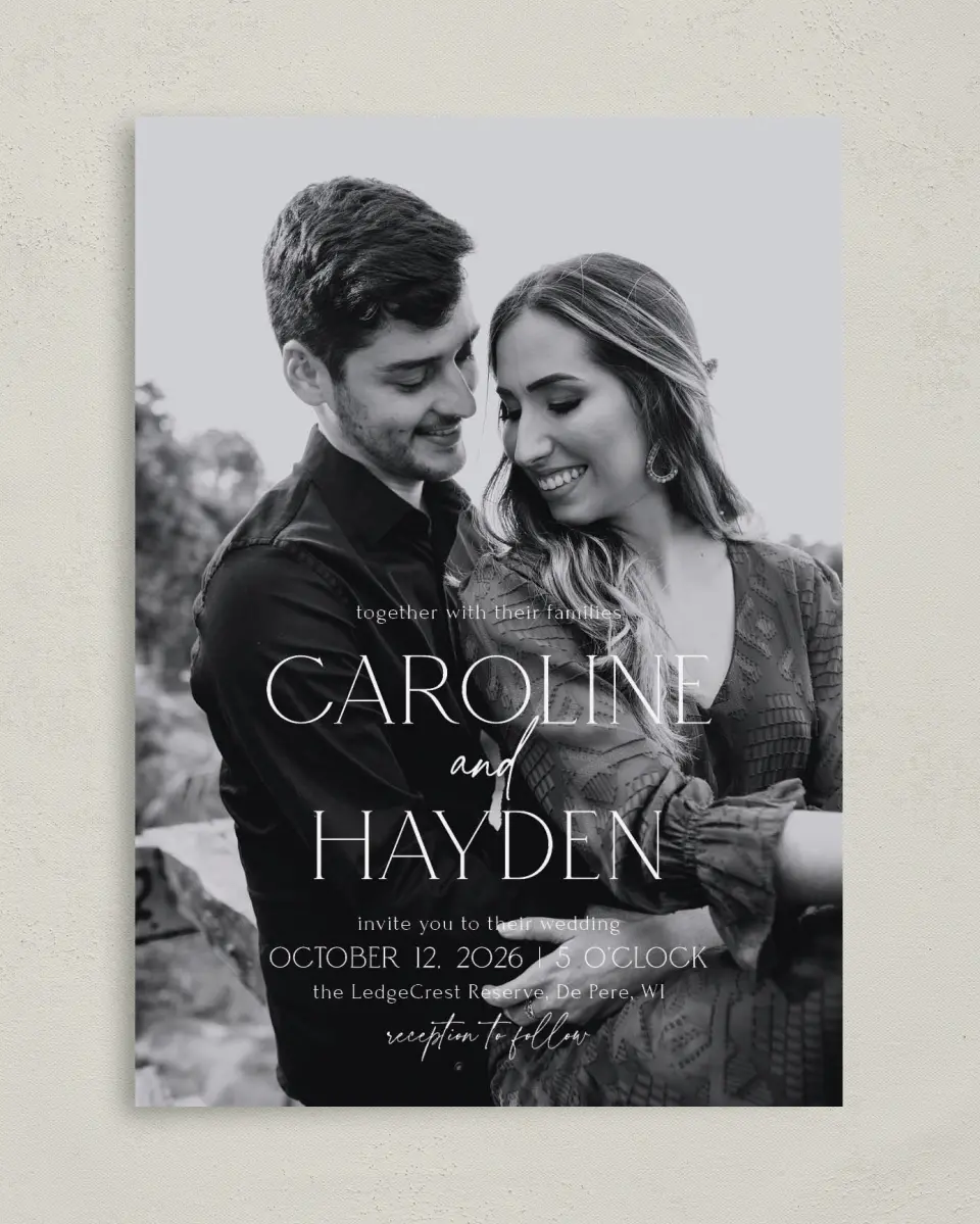 This is a 5" x 7" Classic Wedding Invitation called The Caroline printed in full color with Silver foil on Luxe Satin (coated) paper