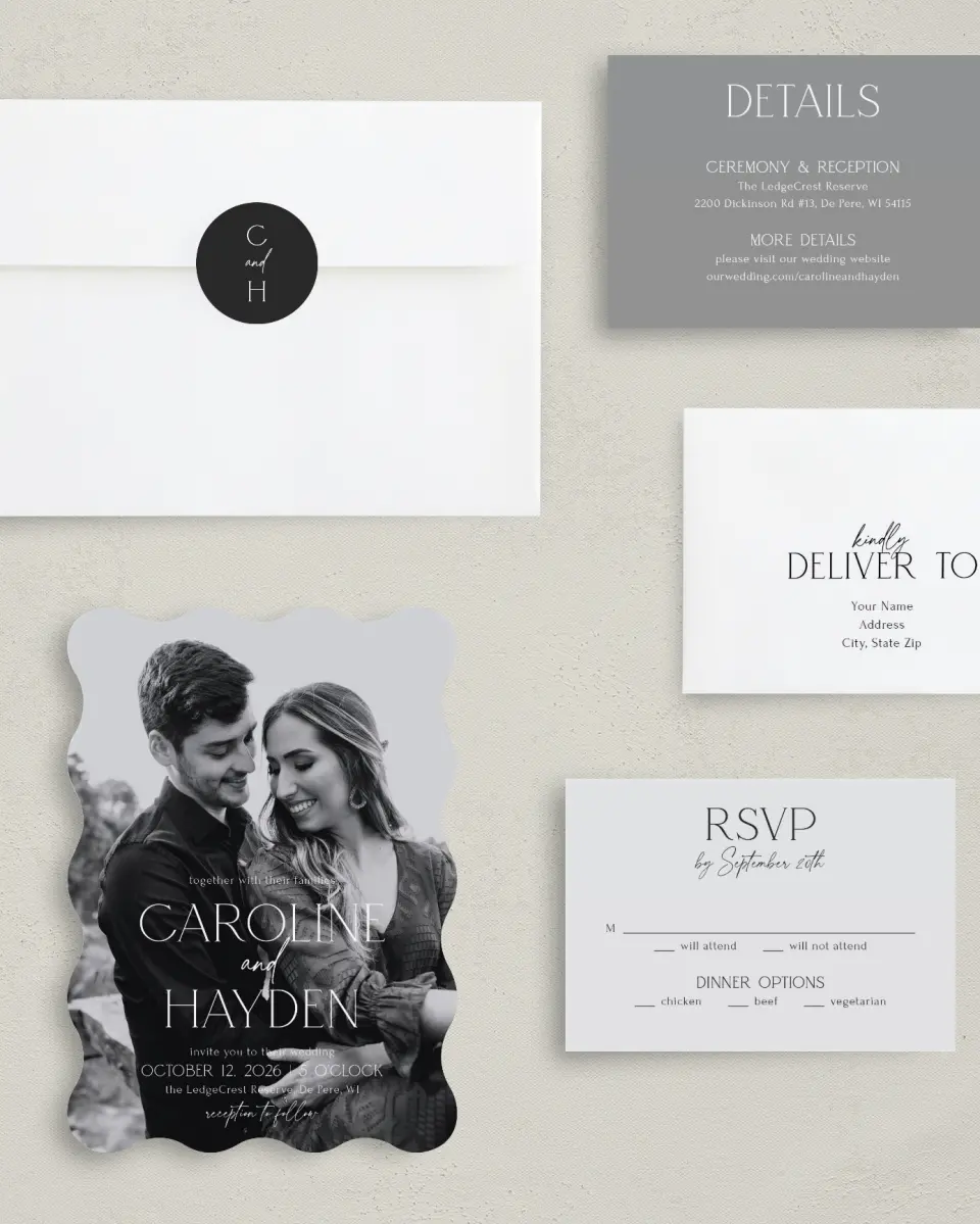 This is a 5" x 7" Wavy Wedding Invitation called The Caroline printed in full color with Gold foil on Luxe Satin (coated) paper