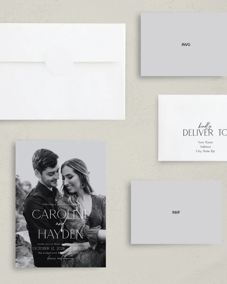 This is a 5" x 7" Reception-Only - CP called The Caroline printed in full color with Gold foil on Luxe Satin (coated) paper