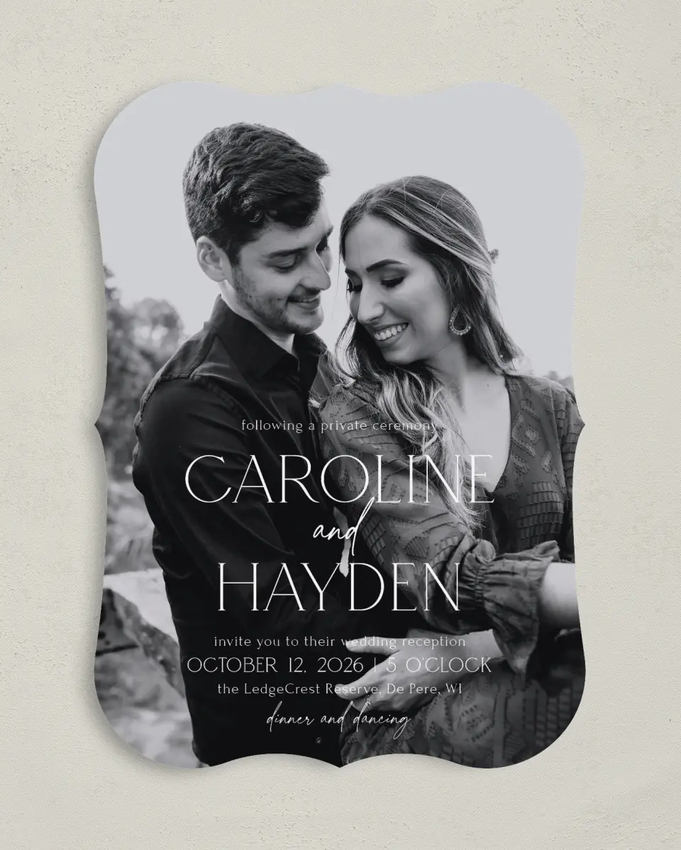 This is a 5" x 7" Reception-Only - CP called the Caroline printed in full color with Silver foil on Luxe Satin (coated) paper