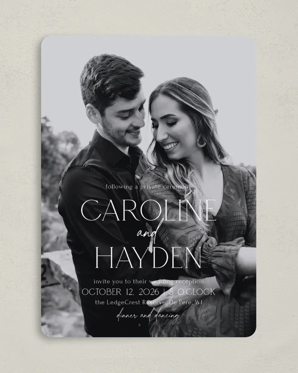 This is a 5" x 7" Reception-Only - CP called The Caroline printed in full color on Premium Smooth paper