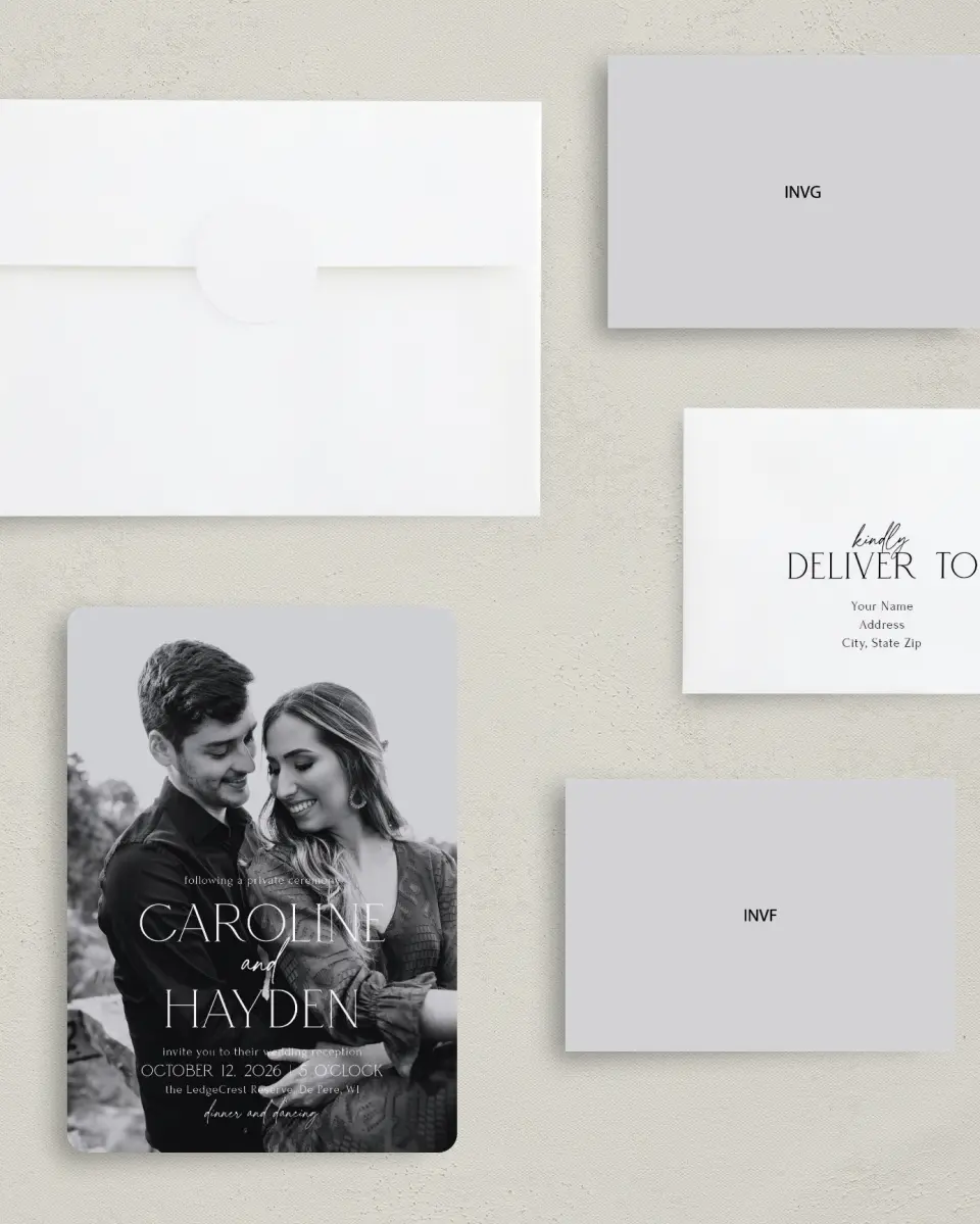 This is a 5" x 7" Reception-Only - CP called The Caroline printed in full color on Premium Smooth paper