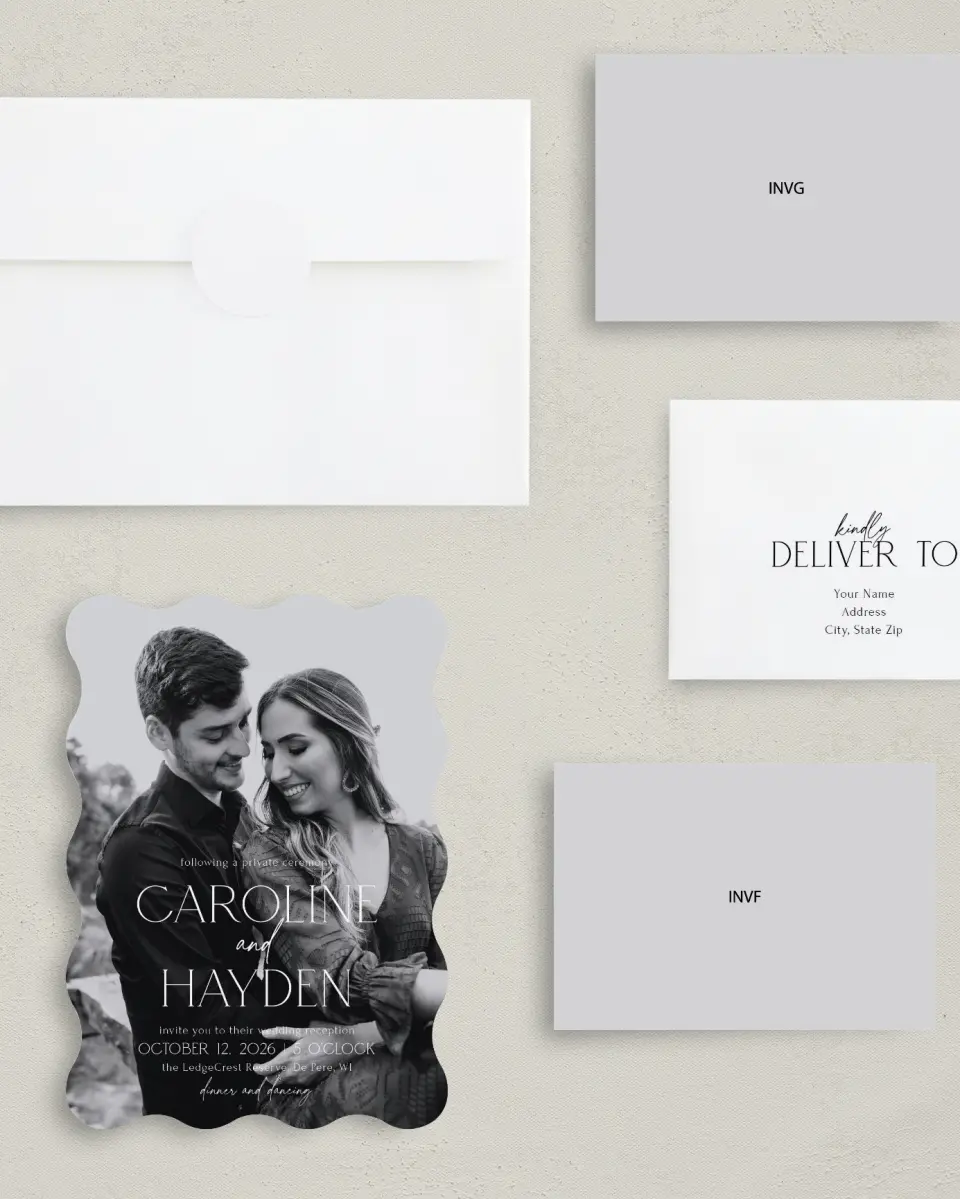 This is a 5" x 7" Reception-Only - CP called The Caroline printed in full color with Silver foil on Luxe Satin (coated) paper