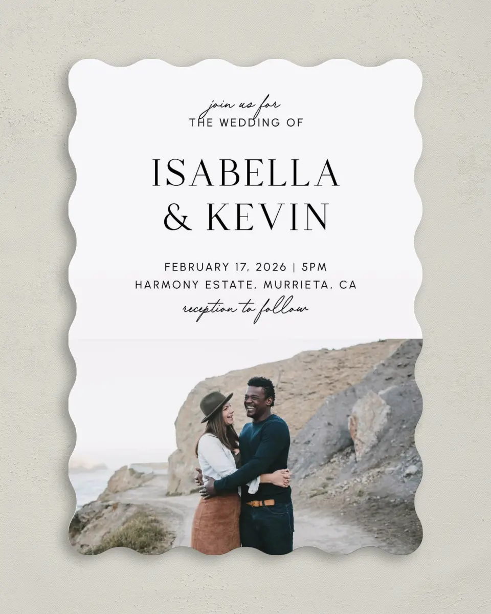 This is a 5" x 7" Wavy Wedding Invitation called The Isabella printed in full color on Premium Smooth paper