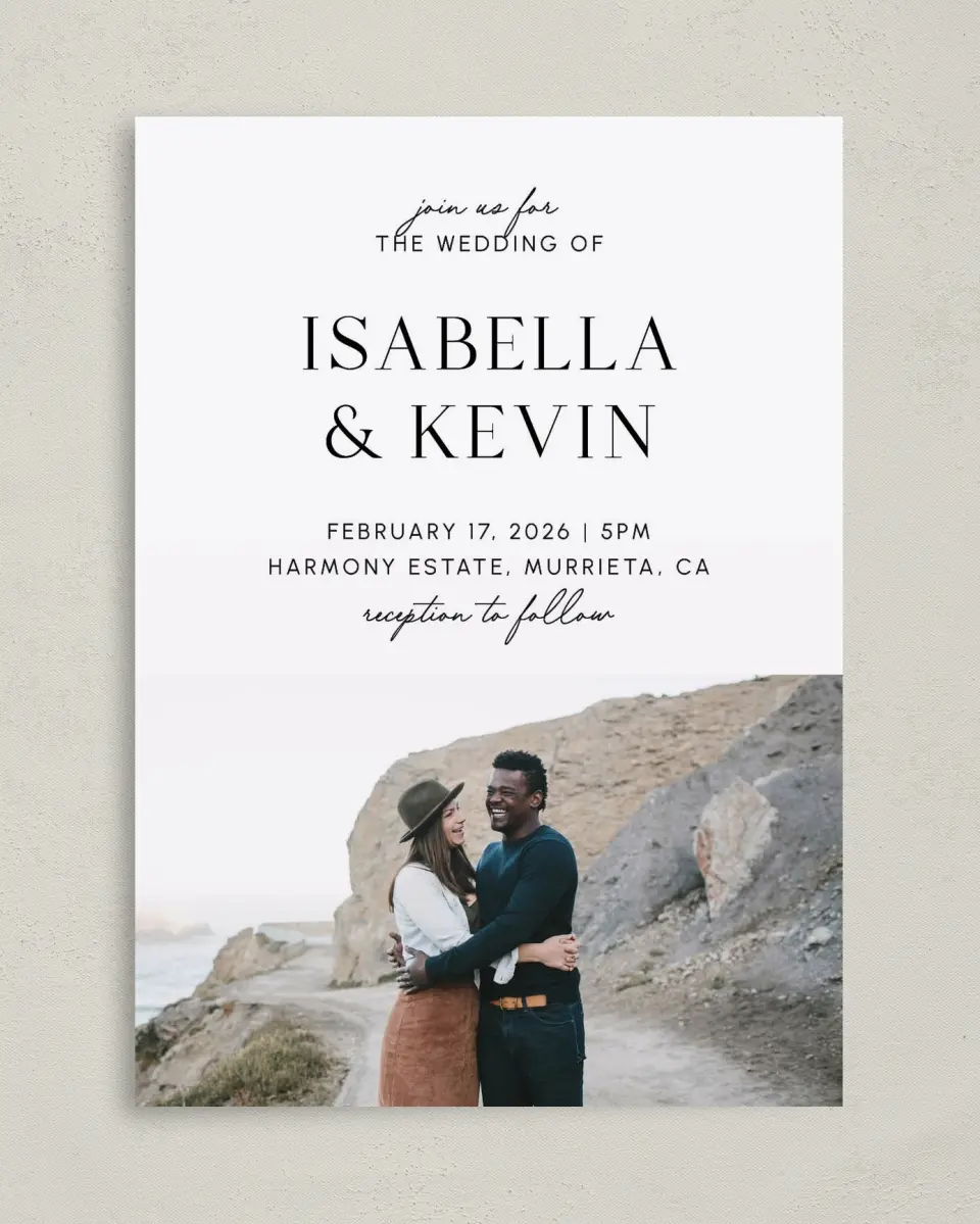 This is a 5" x 7" Classic Wedding Invitation called The Isabella printed in full color on Premium Smooth paper