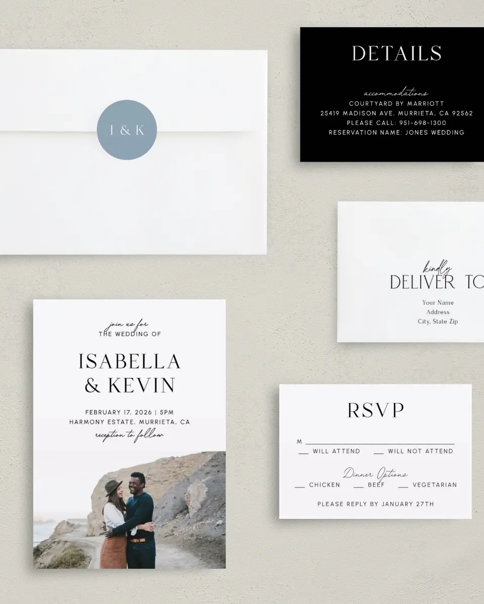 This is a 5" x 7" Classic Wedding Invitation called The Isabella printed in full color on Premium Smooth paper