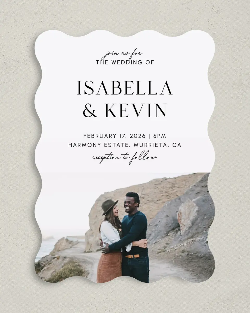 This is a 5" x 7" Wavy Wedding Invitation called The Isabella printed in full color on Premium Smooth paper