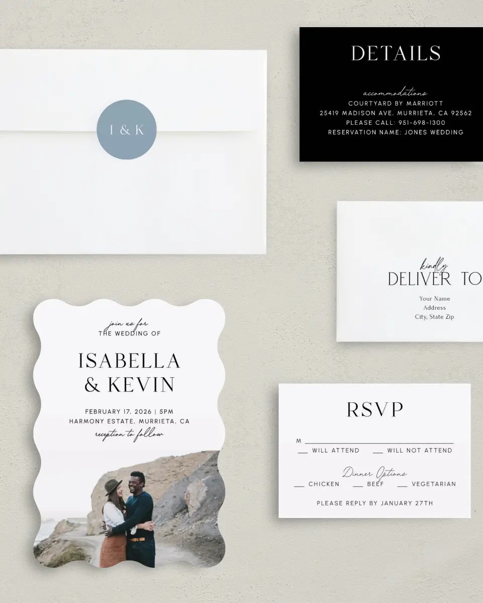 This is a 5" x 7" Wavy Wedding Invitation called The Isabella printed in full color with Gold foil on Luxe Satin (coated) paper