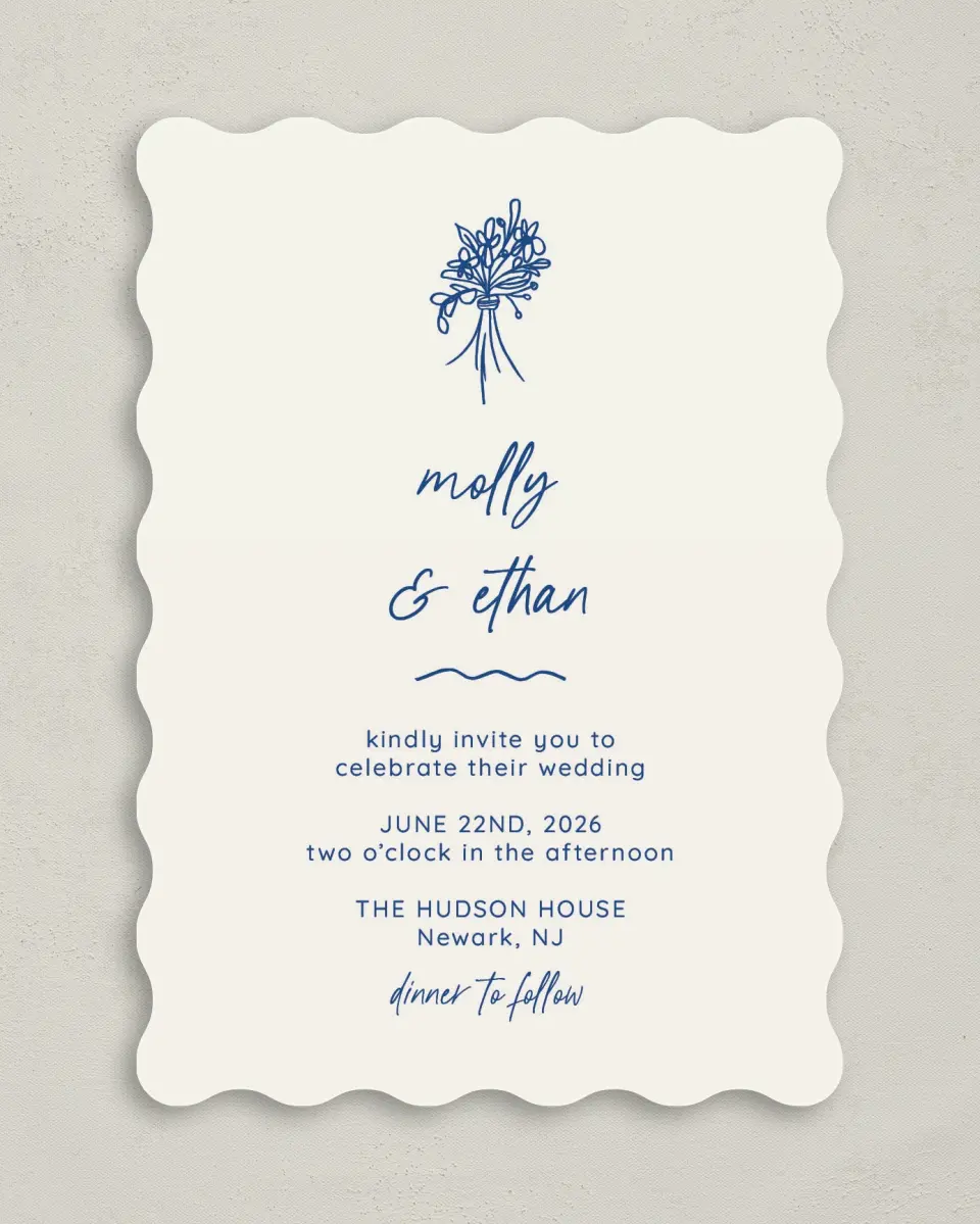 This is a 5" x 7" Wavy Wedding Invitation called Drawn To You printed in full color on Premium Smooth paper