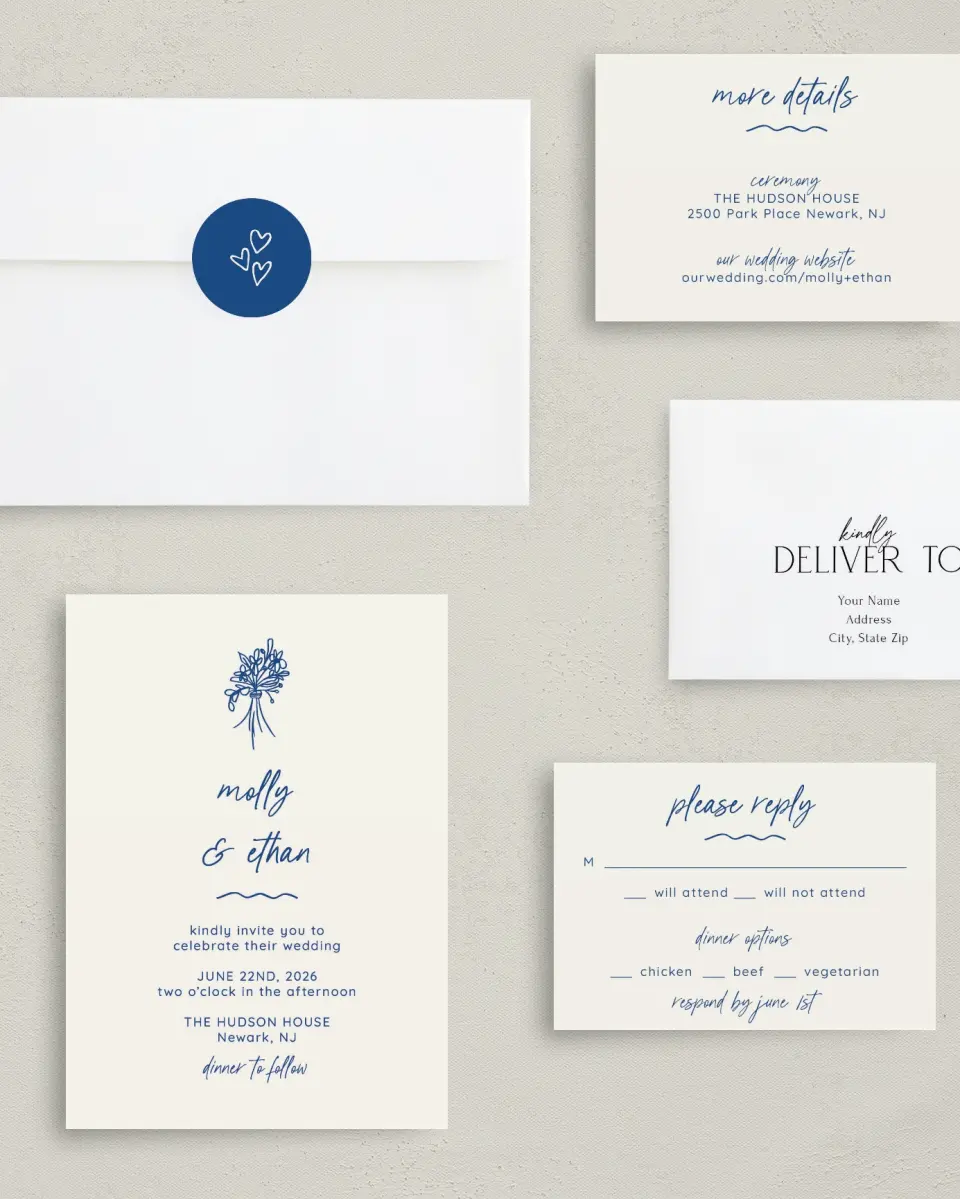 This is a 5" x 7" Classic Wedding Invitation called Drawn To You printed in full color with Silver foil on Luxe Satin (coated) paper