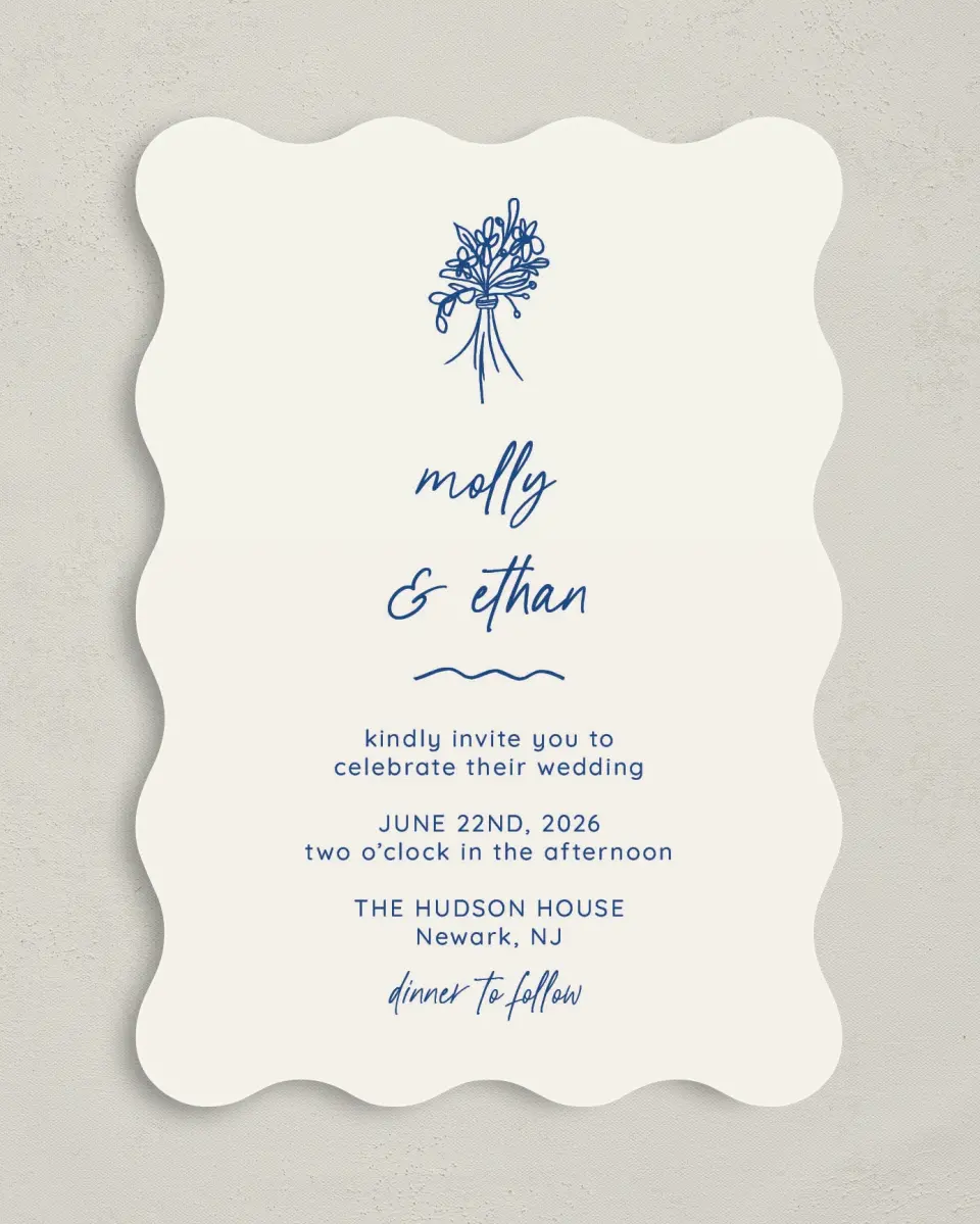 This is a 5" x 7" Wavy Wedding Invitation called Drawn To You printed in full color on Premium Smooth paper
