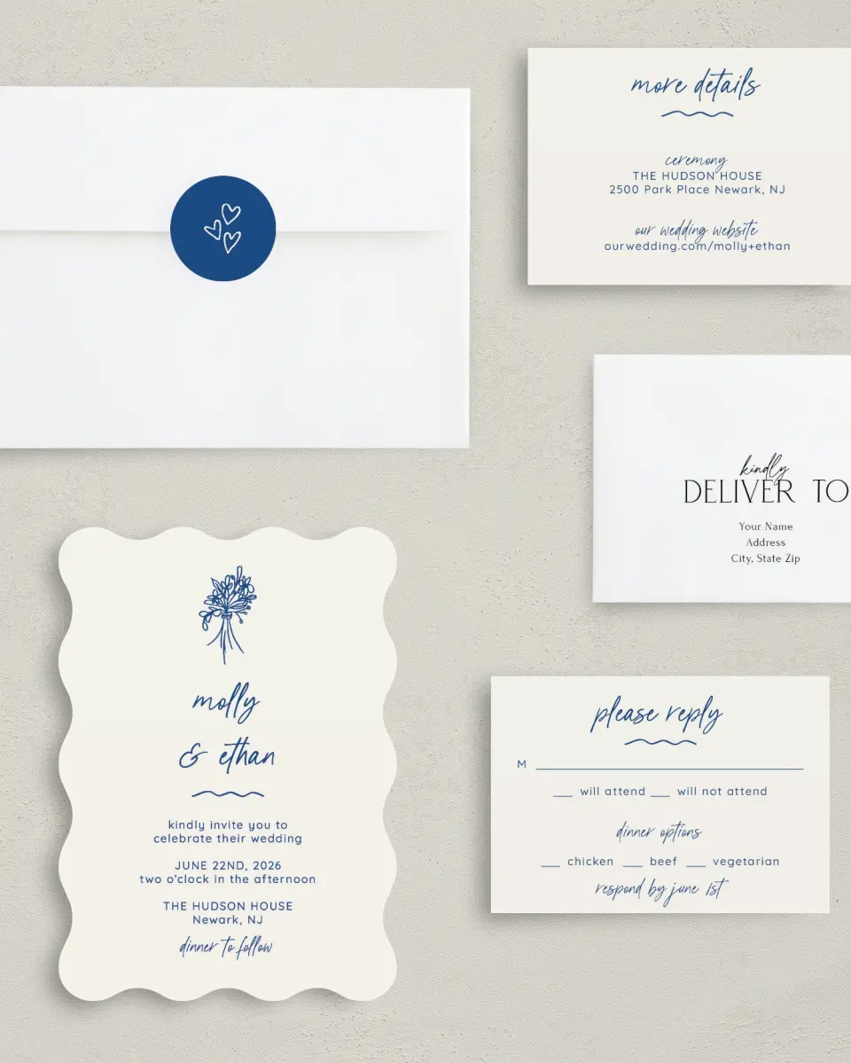 This is a 5" x 7" Wavy Wedding Invitation called Drawn To You printed in full color with Silver foil on Luxe Satin (coated) paper