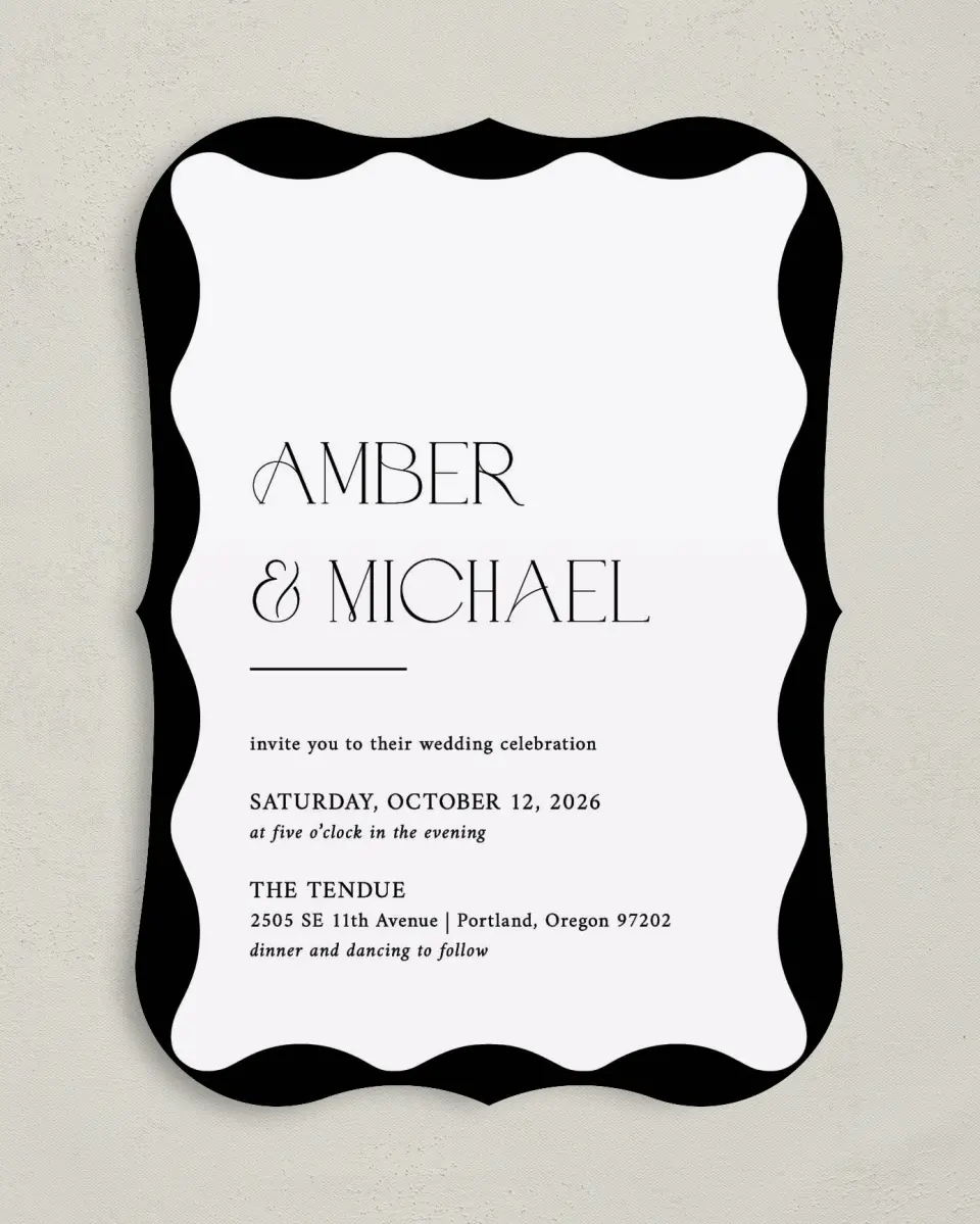 This is a 5" x 7" Bracket Wedding Invitation called The Amber printed in full color on Premium Smooth paper