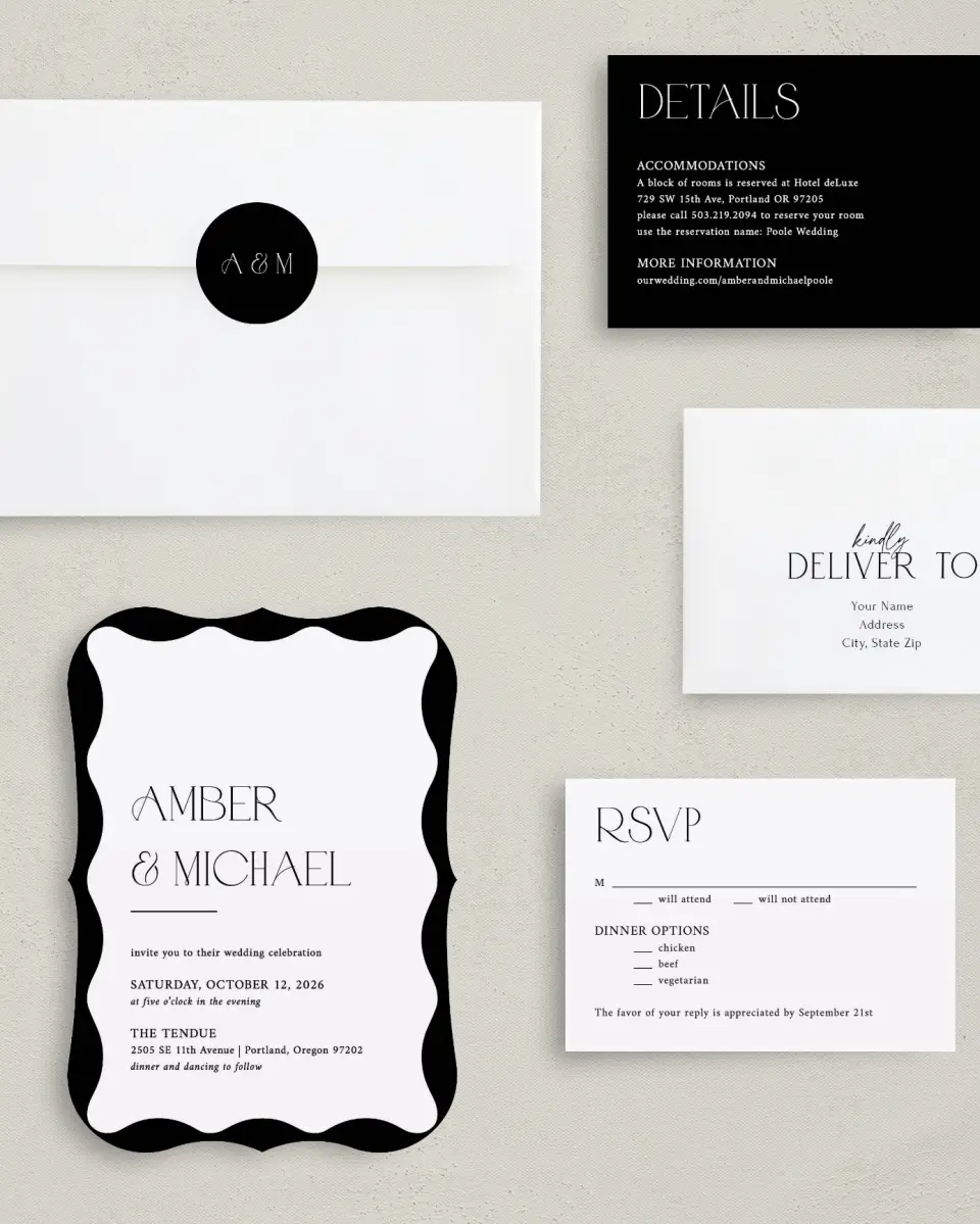 This is a 5" x 7" Bracket Wedding Invitation called The Amber printed in full color with Silver foil on Luxe Satin (coated) paper
