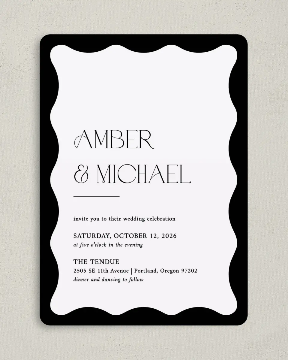 This is a 5" x 7" Rounded Wedding Invitation called The Amber printed in full color on Premium Smooth paper