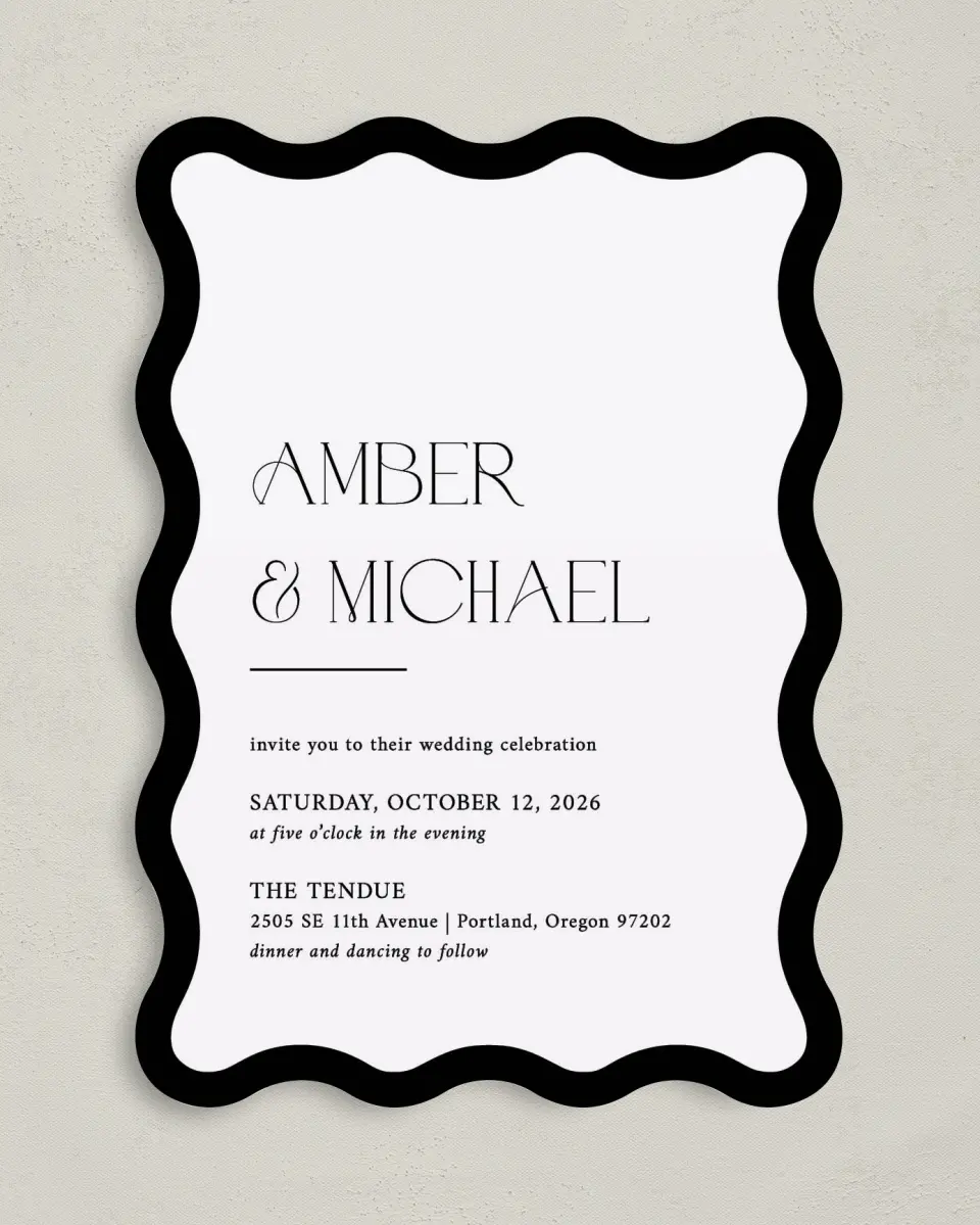 This is a 5" x 7" Wavy Wedding Invitation called The Amber printed in full color on Premium Smooth paper